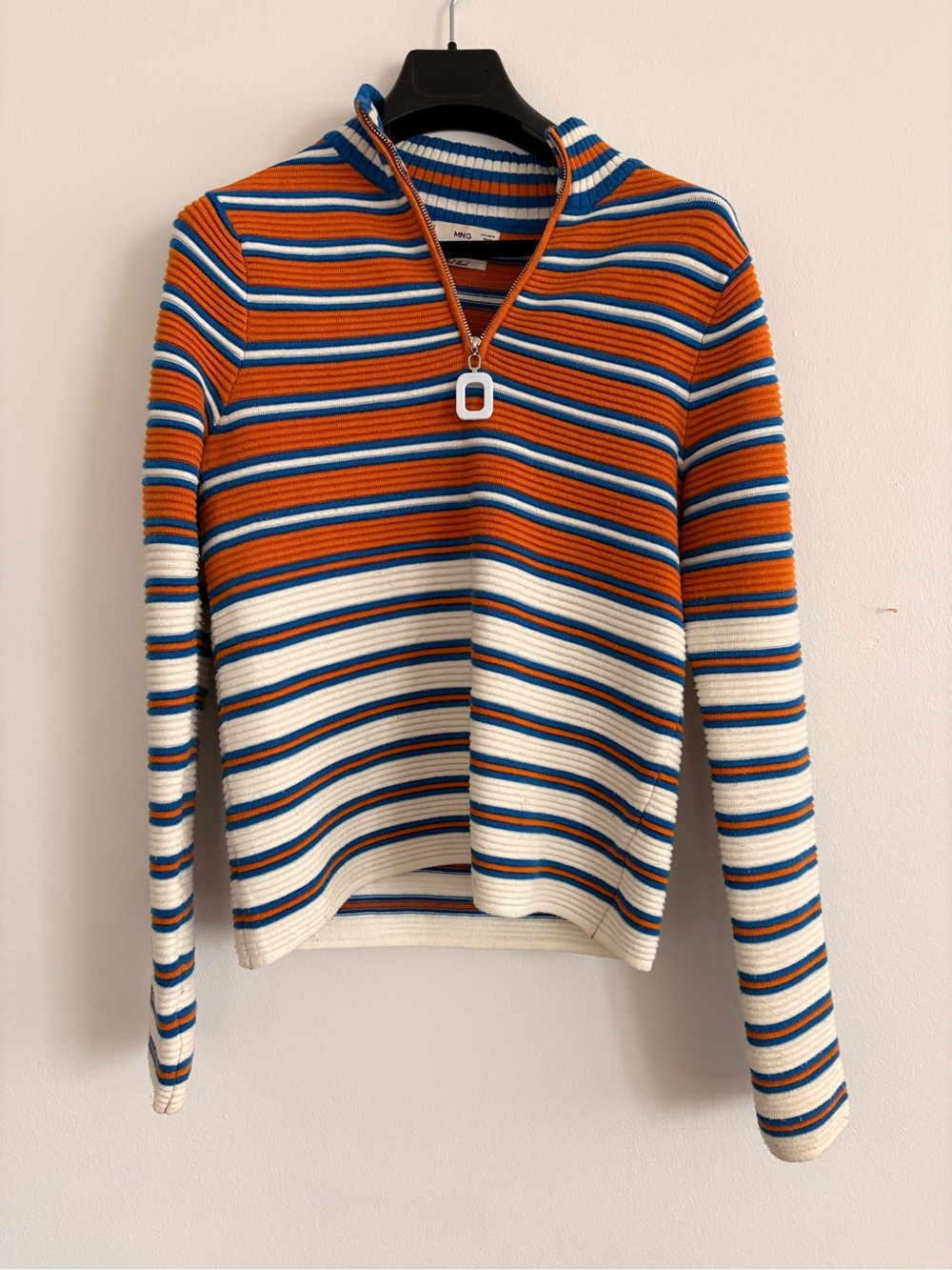 Mango Striped Half-Zip Sweater in Orange, Blue & Cream